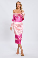 donna pink Off-shoulder Print Velvet long sleeve Midi Dress