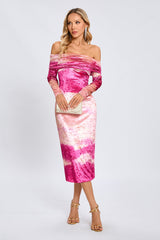donna pink Off-shoulder Print Velvet long sleeve Midi Dress