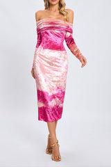 donna pink Off-shoulder Print Velvet long sleeve Midi Dress