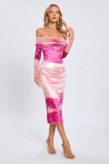 donna pink Off-shoulder Print Velvet long sleeve Midi Dress