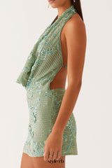 Cowl Neck Beaded Mini Dress In Mint