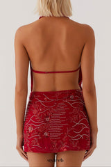 Cowl Neck Beaded Mini Dress In Red