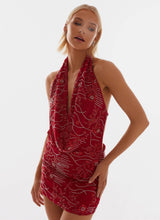 Cowl Neck Beaded Mini Dress In Red