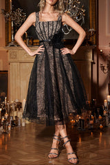 dora 3d flower Square Neck Lace Midi Dress in black