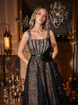 dora 3d flower Square Neck Lace Midi Dress in black