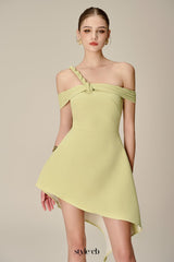 anila Asymmetric Off-Shoulder Mini Dress in Nuggets Green