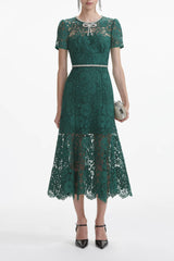 Green Lace Diamante Bow Midi Dress