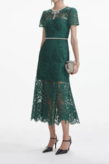 Green Lace Diamante Bow Midi Dress