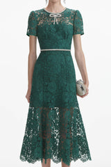 Green Lace Diamante Bow Midi Dress