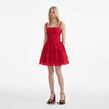 Linen Lace Insert Mini Dress in red