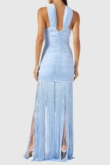Fringe Mesh Ruched Maxi Dress