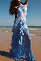 Fringe Mesh Ruched Maxi Dress