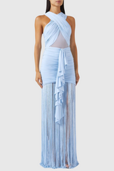 Fringe Mesh Ruched Maxi Dress