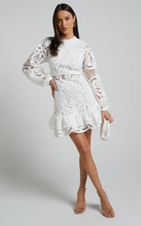Long Puff Sleeve Lace Mini Dress
