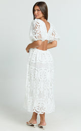 V Neck Cut Out Lace Midi Dress