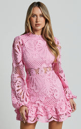 Long Puff Sleeve Lace Mini Dress