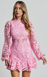 Long Puff Sleeve Lace Mini Dress