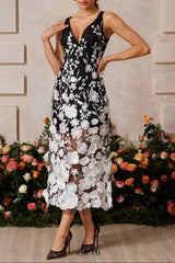 sarah V Neck Floral Embroidered Midi Dress in black