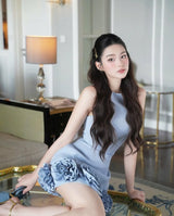 janice 3d flower sleeveless mini dress in blue