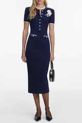 zenobia Navy Crochet Flower Knit Midi Dress