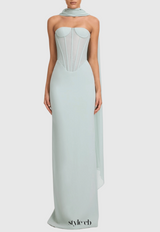 anna Strapless Mesh Scarf Corset Maxi Dress in green