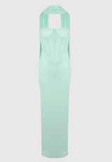 anna Strapless Mesh Scarf Corset Maxi Dress in green