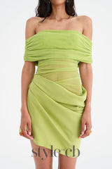 Off Shoulder Ruched Mesh Mini Dress in Green