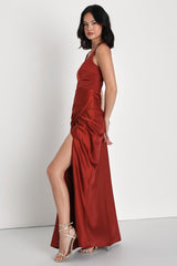 Red Carpet Romance Rust Orange Satin Square Neck Maxi Dress