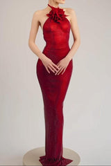 ursula 3d flower sequin halter maxi dress in red