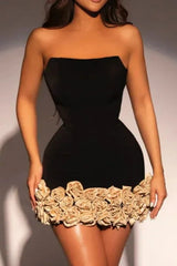 Strapless Gold 3D Floral Mini Bandage Dress
