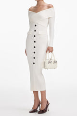 penny Off Shoulder Knit Midi Dress in Cream
