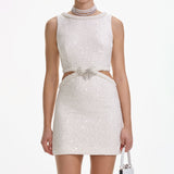 cut out cream boucle pearl mini dress
