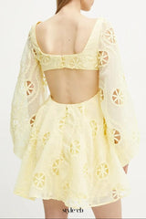 tiffany v-neck puff sleeve hollow mini dress in yellow
