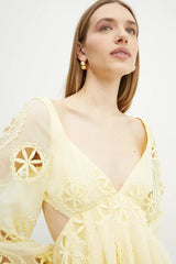 tiffany v-neck puff sleeve hollow mini dress in yellow