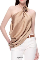 Satin Cowl Neck Halter Top in gold