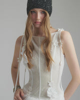 flower embellished puff hem slim mini dress in white