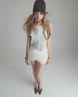 flower embellished puff hem slim mini dress in white