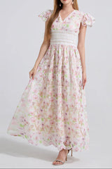 FLYING SLEEVES HIGH WAIST SLIM FIT FLORAL LACE DRESS