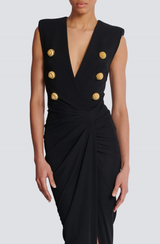 Deep-V Sleeveless Ruched Slit Maxi Dress in black