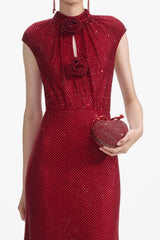 Sharrie Flower Rhinestone Embellished Fishnet Midi Dress