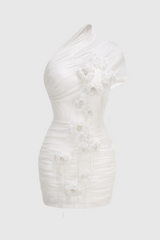 hazel One Shoulder Floral Mesh Ruched Mini Dress in white