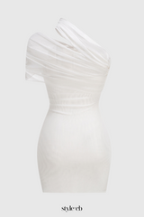 hazel One Shoulder Floral Mesh Ruched Mini Dress in white