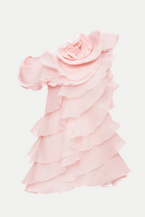 Shelyn Flower One Shoulder Ruffle Mini Dress - Pink