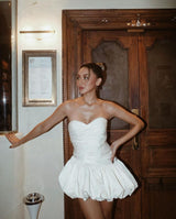 Balloon Draped strapless Mini Dress in white