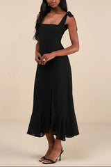 Summer Invite Black Tie-Strap Tiered Midi Dress
