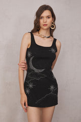 Sylvia Rhinestone Embellished Sky Mini Dress in black