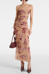 Taysia Floral Strapless Ruched Midi Dress
