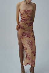 Taysia Floral Strapless Ruched Midi Dress