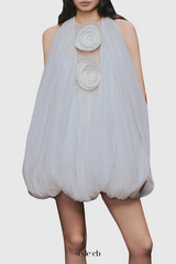 Tlora Floral Applique Halter Puffy Mini Dress