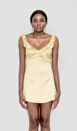 SATIN RUFFLE MINI DRESS IN YELLOW